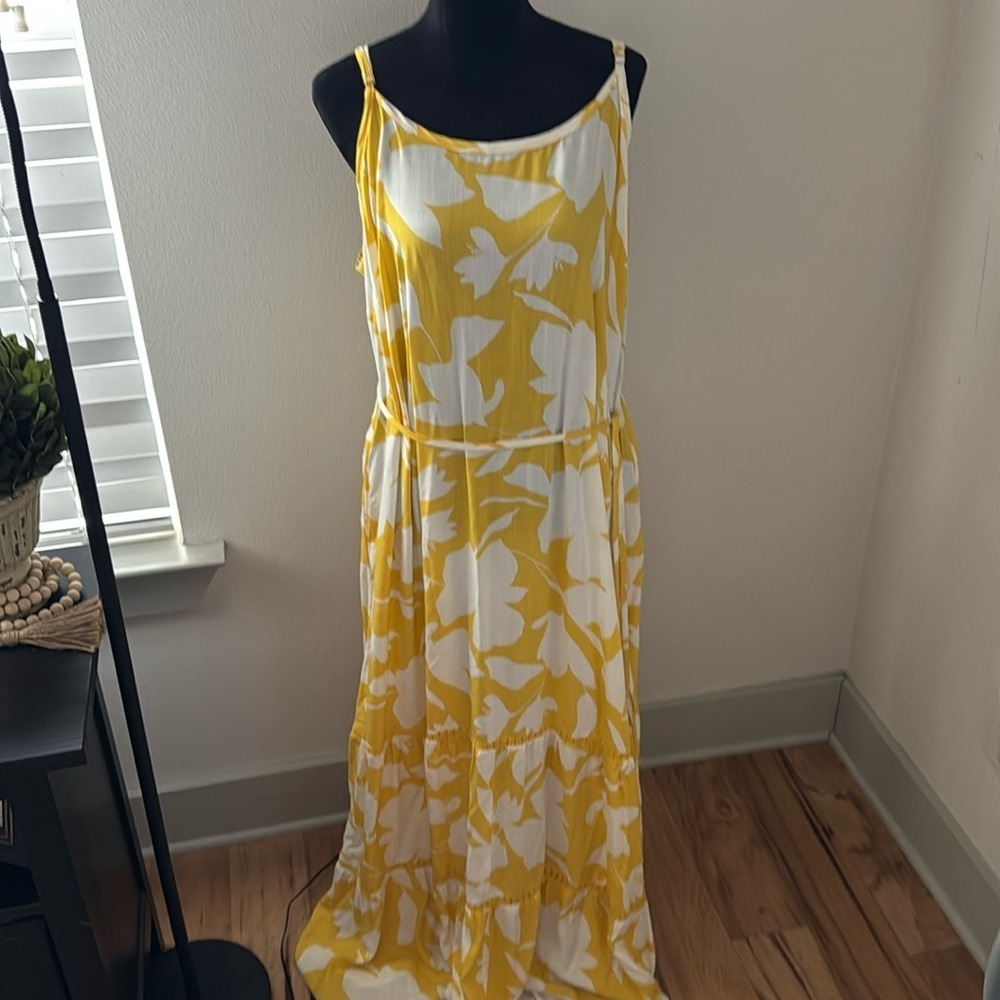 AVA VIV yellow white tiered maxi dress boho sleeveless sz 1X